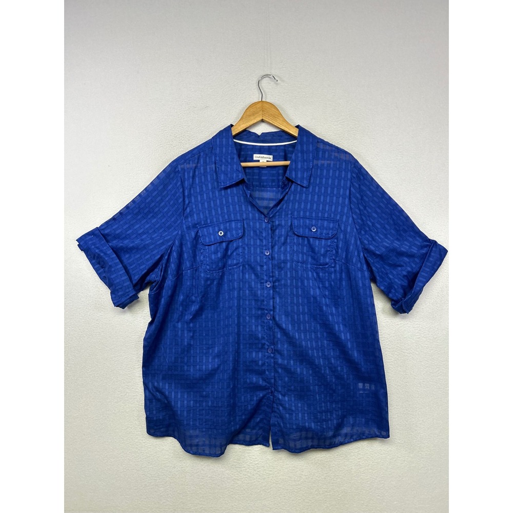 Coastal Business Croft & Barrow Womens 2X Blue Check Short Sleeve Button Up Top